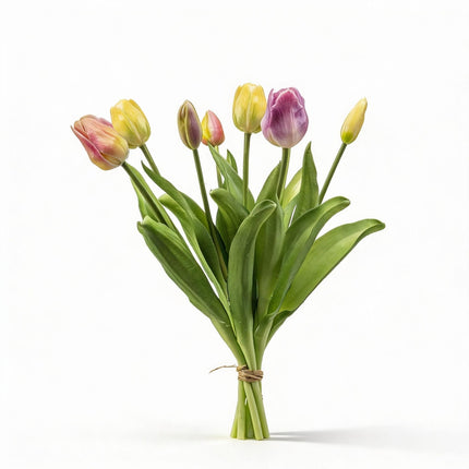 Bukiet tulipanów – Delikatna wiosna – Sztuczne tulipany „Real Touch” – 7 łodyg – 42 cm