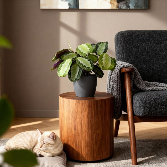 Maranta Fascinator Silverband - Gebedsplant - met grijze plantenpot - ↕25cm - Ø12cm