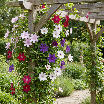 Clematis Rainbow - Bosrank 16x - Paars - Rood - Roze - Wit - Klimplant - Ø9cm - ↕35cm