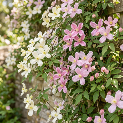 Clematis montana Tricolour - Bergclematis 12x - Wit - Roze - Licht Roze - Klimplant - Ø9cm - ↕35cm