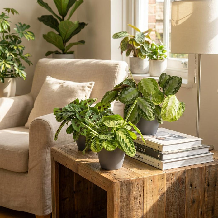 Marantha Silverband, Marantha Lemon Lime Marantha Kerchoveana - Gebedsplant - met grijze plantenpotten - ↕25cm - Ø12cm - 3x