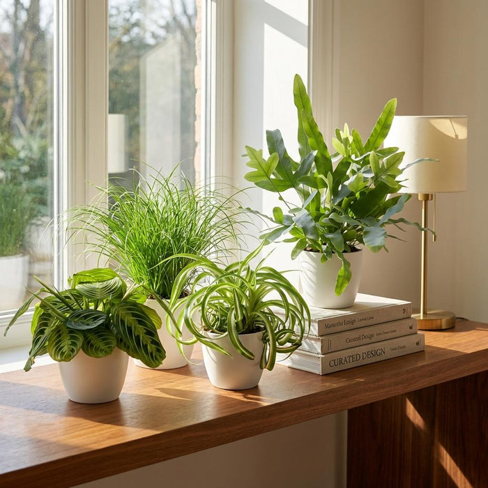 Plantenbox - Chlorophytum - Cyperus - Phlebodium - Marantha - met witte plantenpotten - ↕25cm - Ø12cm - 4x