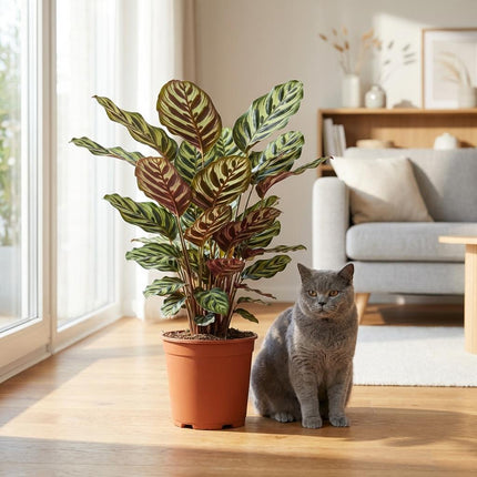 Calathea Makoyana - Påfugleplante - med hvid potte - ↕70cm - Ø19cm