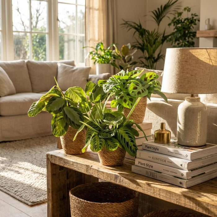 Marantha Silverband, Marantha Lemon Lime Marantha Kerchoveana - Gebedsplant - met Mand - ↕25cm - Ø12cm - 3x