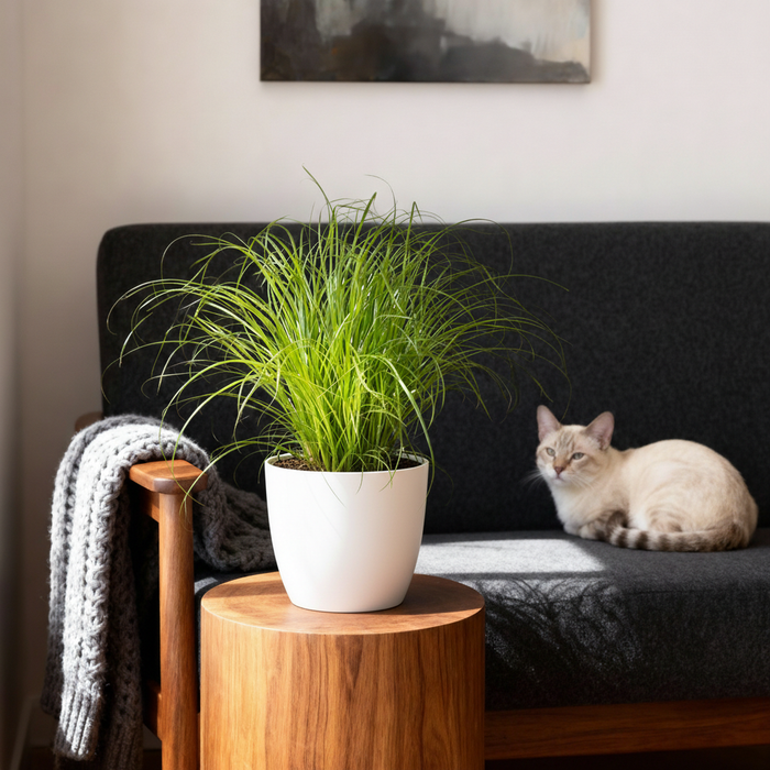 Cyperus alternifolius Zumula - Kattengras - met witte plantenpotten - ↕20cm - Ø12cm - 2x