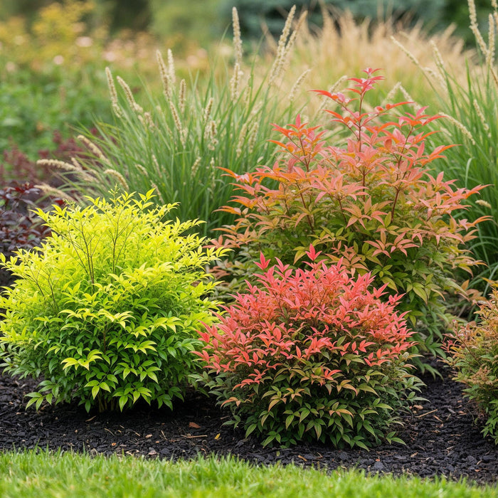 Nandina Tricolour - Geel & Rood & Oranje - 3 Planten - Groenblijvend - Weinig Onderhoud - Pot 17cm Hoogte 45cm