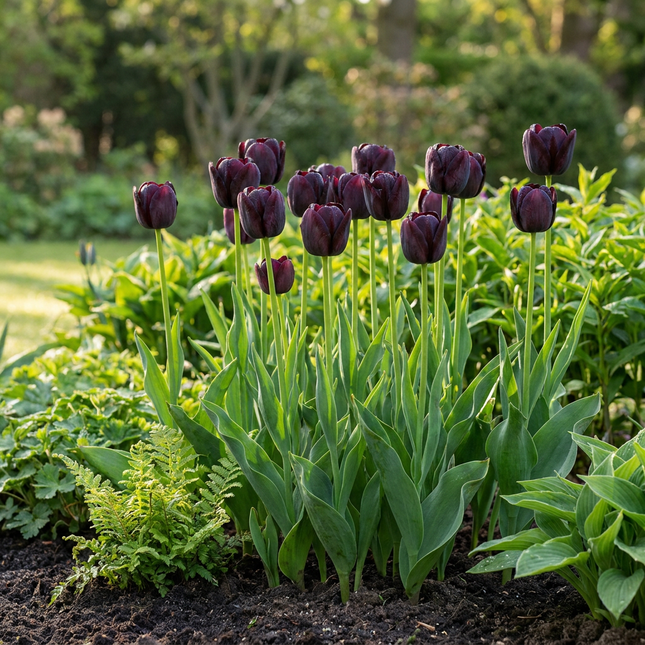 48x Tulipa Triumph Black - Bloembollen - Triomftulp - Donker Paars - Voorjaarsbloeier - Bolmaat 11/12