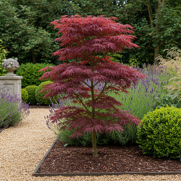 Terrasplant - Japanse Esdoorn - Acer palmatum Trompenburg -Donker Paars - 2 Planten - Bladverliezend - ↕70cm - Ø19cm
