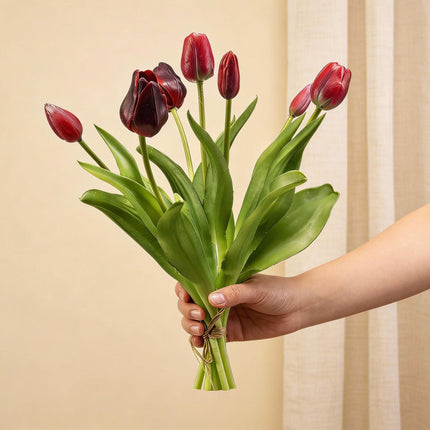 Tulipanbuket - Dybrød - 'Real Touch' Kunstige Tulipaner - 7 stilke - 42 cm