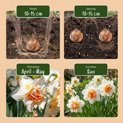 20x Narcissus Replete - Bloembollen - Dubbele narcis Replete - Wit en Oranje - Voorjaarsbloeier - Bolmaat 10/12
