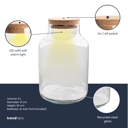 Terrarium fles met verlichting - Milky - Ø21cm - ↑30cm
