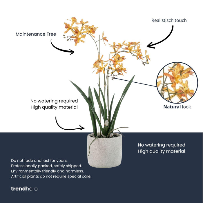Orchidée artificielle Renanthera jaune et orange en pot - ↕56cm