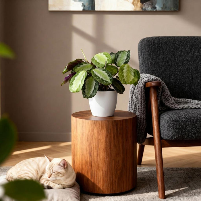 Maranta Fascinator Silverband - Gebedsplant - met witte plantenpot - ↕25cm - Ø12cm