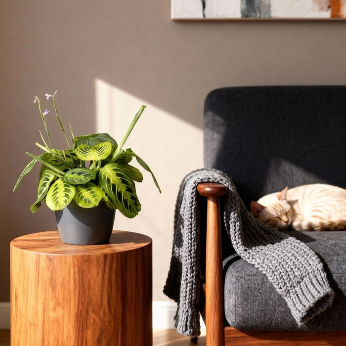 Maranta Fascinator Lemon Lime - Gebedsplant - met grijze plantenpotten - ↕25cm - Ø12cm - 2x