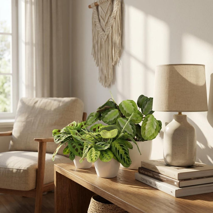 Marantha Silverband, Marantha Lemon Lime Marantha Kerchoveana - Gebedsplant - met witte plantenpotten - ↕25cm - Ø12cm - 3x