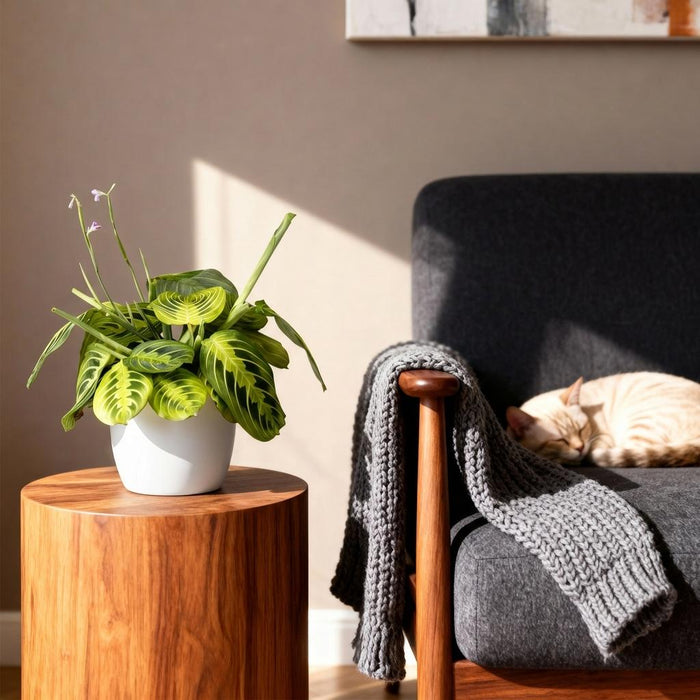 Maranta Fascinator Lemon Lime - Gebedsplant - met witte plantenpot - ↕25cm - Ø12cm