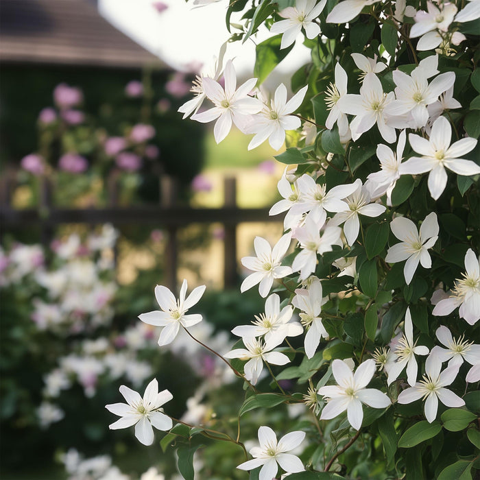 Klimplant - Clematis armandii Apple Blossom - Bloem Roze - Groenblijvend - Weinig onderhoud - 1 Plant pot 11cm Hoogte 40cm