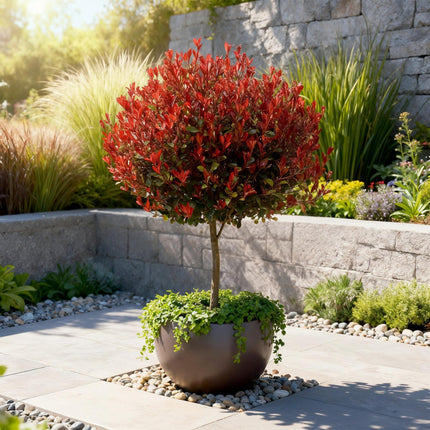Photinia fraseri Little Red Robin - Planta de patio - Hojas verde-rojas - ↕90cm - Ø19cm