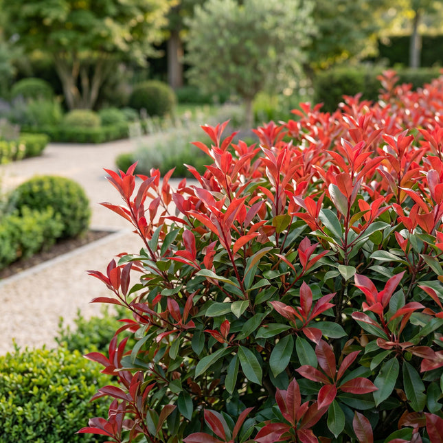 Photinia fraseri Carre Rouge - Glansmispel - 24x Haagplanten - Groenblijvend - Rood - Pot 9cm - Hoogte 25-35cm