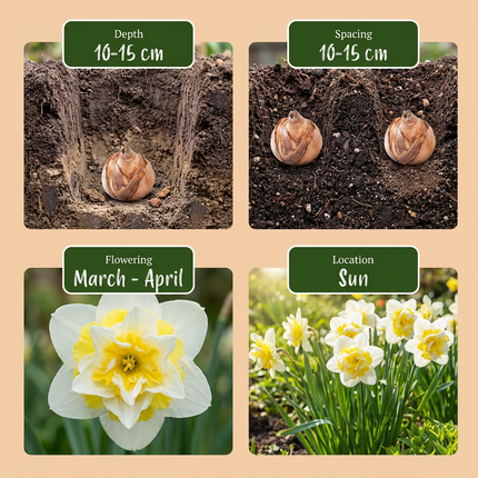 10x Narcissus Ice King - Bloembollen - Dubbele narcis - Wit en Geel - Voorjaarsbloeier - Bolmaat 12/14