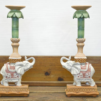 Bougeoir - Éléphant rose/vert - Polyrésine - 34,50 cm