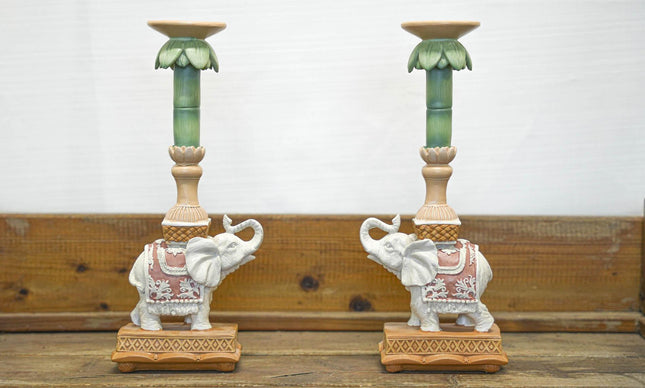 Candlestick - Elephant pink/green - Polyresin - 34.50 cm