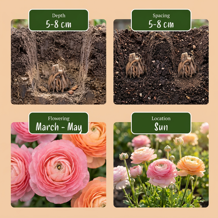 160x Ranunculus Pastel Mix - Bloembollen - Pastelkleurige ranonkel - D - Zomerbloeier - Bolmaat 5/6