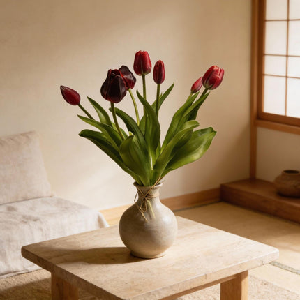 Tulipanbuket - Dybrød - 'Real Touch' Kunstige Tulipaner - 7 stilke - 42 cm