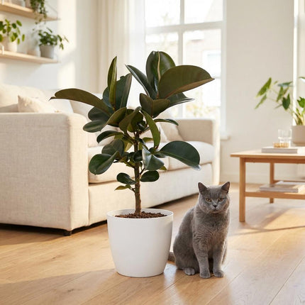 Ficus Elastica Cloe - Rubberplant - met witte pot - ↕65cm - Ø19cm