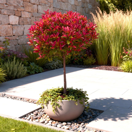 Photinia fraseri Carre Rouge – Stängelpflanze – Grün-rote Blätter – Topf 19 cm, Höhe 90 cm
