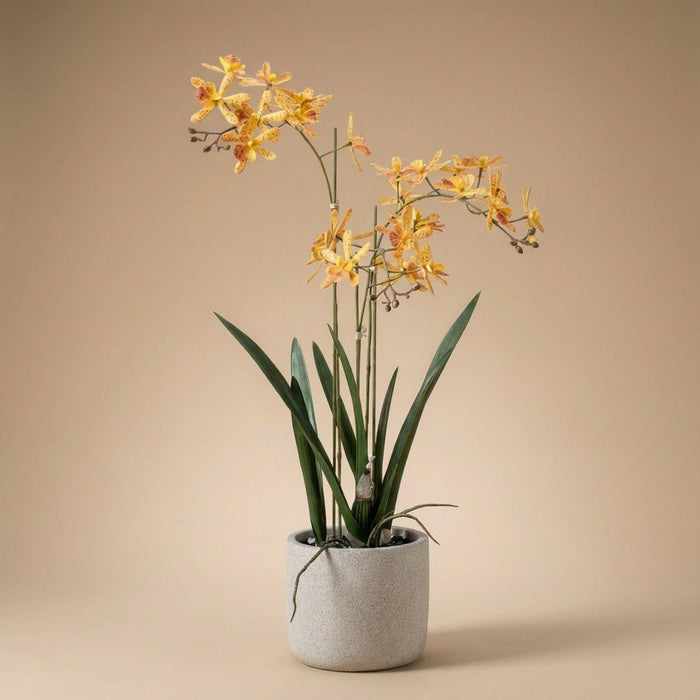 Orchidée artificielle Renanthera jaune et orange en pot - ↕56cm