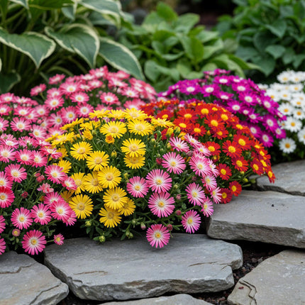 Couvre-sol rustique - Delosperma - Lot de 8 - Coloris : rouge, jaune, violet, rose - Entretien facile - Pot de 14 cm - Hauteur : 17 cm