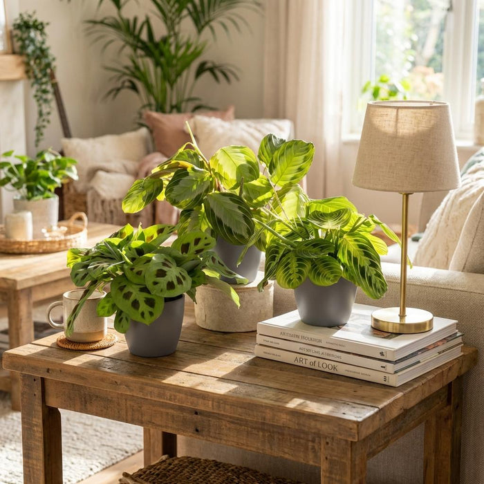 Marantha Silverband, Marantha Lemon Lime Marantha Kerchoveana - Gebedsplant - met grijze plantenpotten - ↕25cm - Ø12cm - 3x