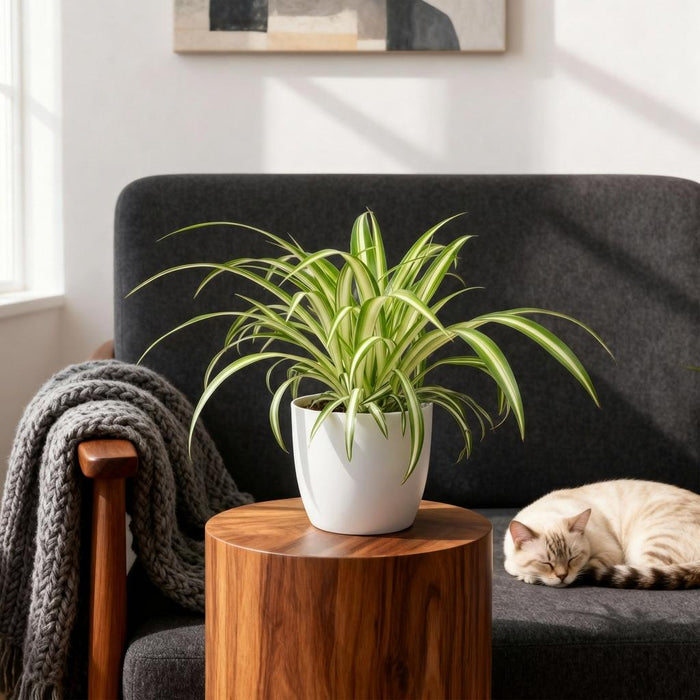 Chlorophytum comosum Variegatum - Bonte Graslelie - met witte plantenpot - ↕20cm - Ø12cm