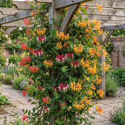 Lonicera Tricolour - Driekleurige kamperfoelie 12x - Rood - Paars - Oranje - Geel - Klimplant - Ø9cm - ↕35cm