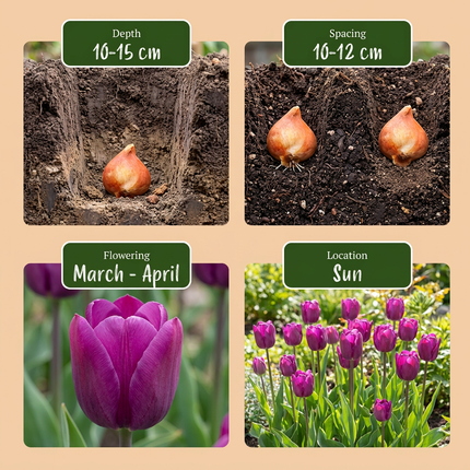 60x Tulipa Triumph Purple - Bloembollen - Triomftulp - Paars - Voorjaarsbloeier - Bolmaat 11/12