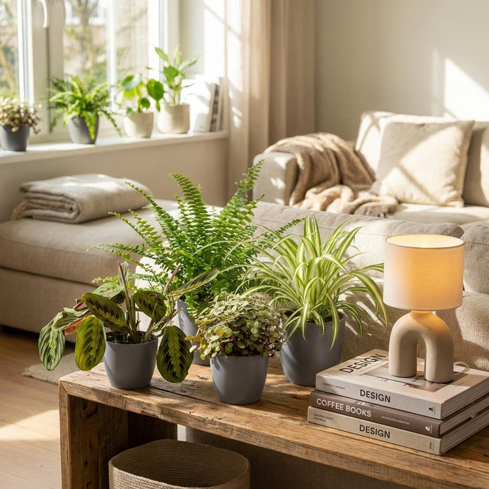 Plantenbox - Chlorophytum - Maranta - Callisia - Nephrolepsis - met grijze plantenpotten - ↕25cm - Ø12cm - 4x