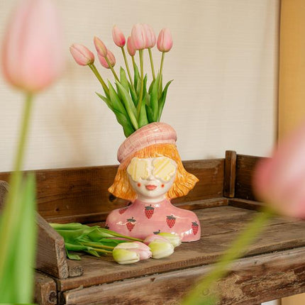 Wazon Strawberry Girl + 10x Real Touch Pink Tulip