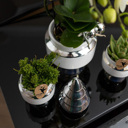 Kolibri Home | Le Chic flower pot - White ceramic decorative pot with silver details - Ø9cm