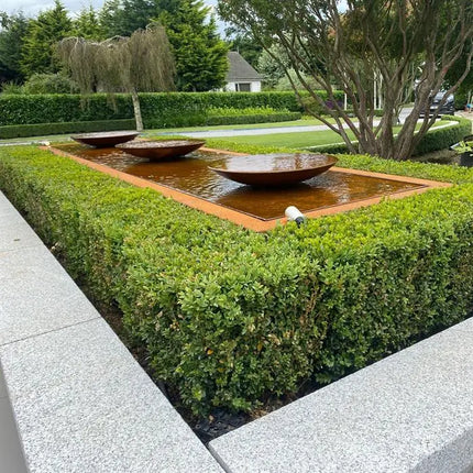Wassertisch aus Cortenstahl mit Schalen, 400 x 100 x 52 cm, Brunnen